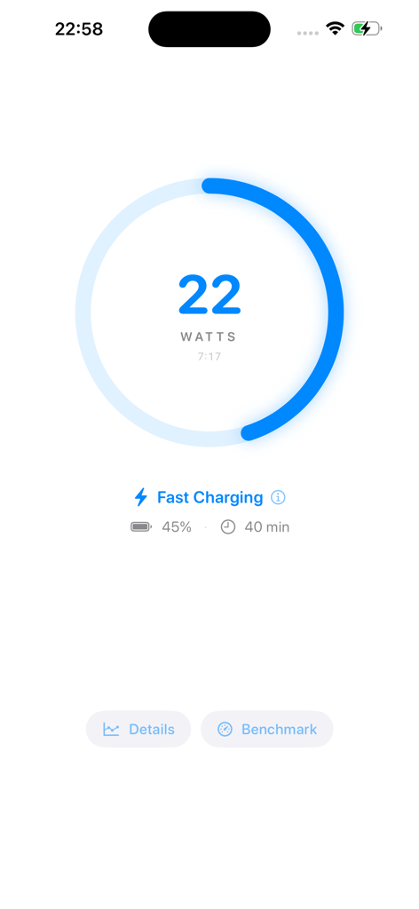 Watt Charging Speed - Interface of Watt Charging Speed app displaying 22 watts during a fast charging session