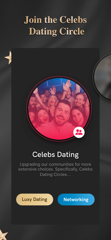 Interfaz de la aplicación Luxy PRO que destaca el Círculo de Citas de Celebridades con botones para Luxy Dating y Networking