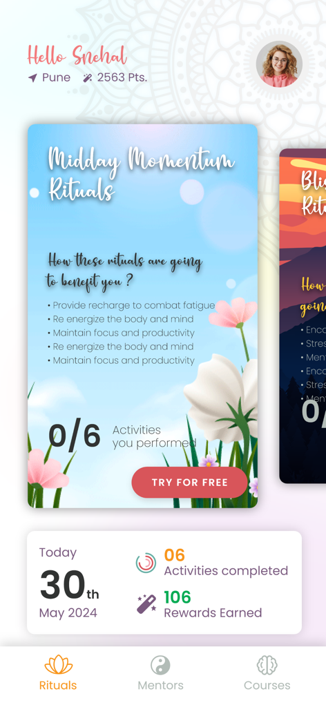 Good Vibes Within - Good Vibes Within app dashboard showing midday momentum rituals and daily activity progress.