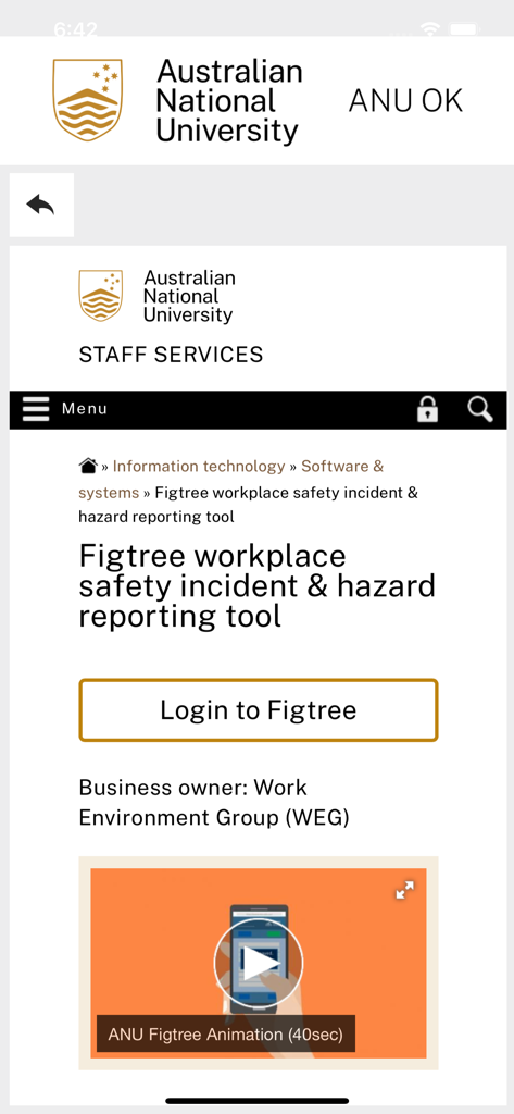 Figtree workplace safety incident and hazard reporting tool screen in the ANUOK app