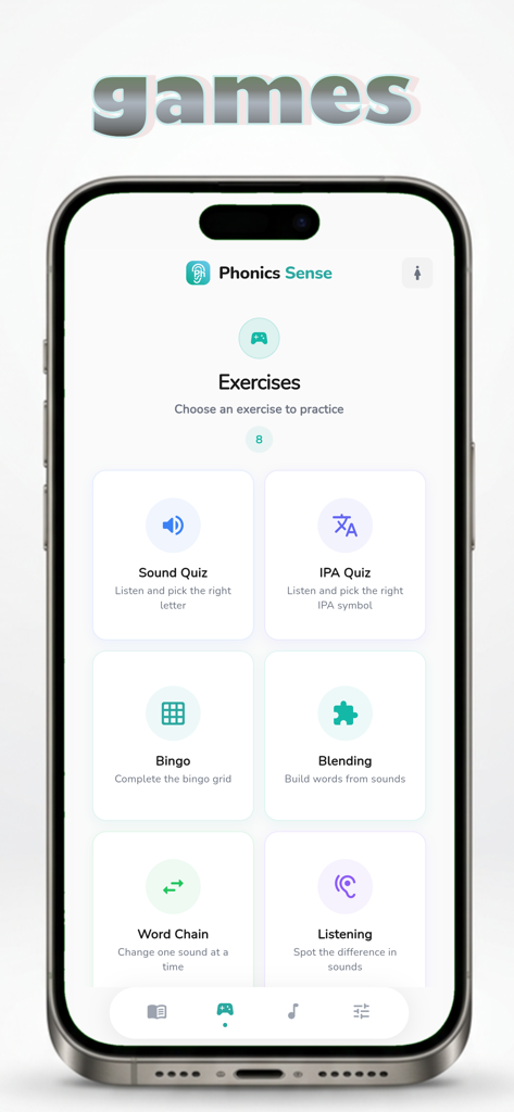 Phonics Sense - A tela de exercícios do aplicativo Phonics Sense apresentando jogos como Sound Quiz, IPA Quiz, Bingo e Blending