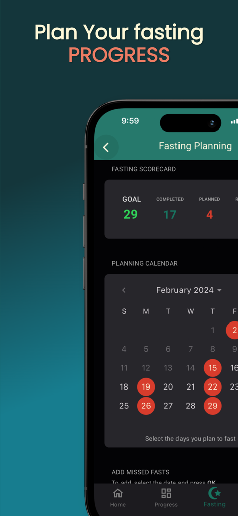 FastTrekker: Ramadan & Prayer - FastTrekker app screen showing fasting progress scoreboard and planning calendar