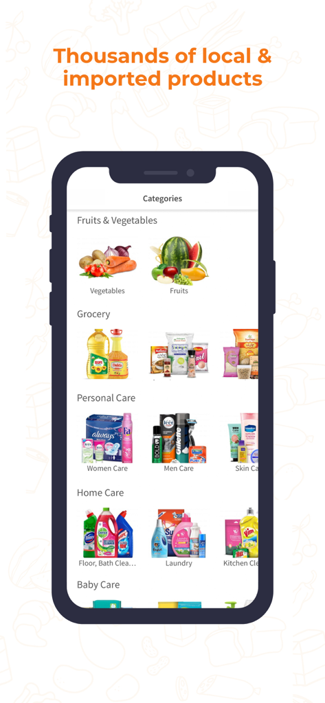 Mobile app screen showing various shopping categories including fruits vegetables and personal care items