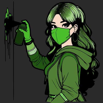 realistic girl with mask spray painting a wall