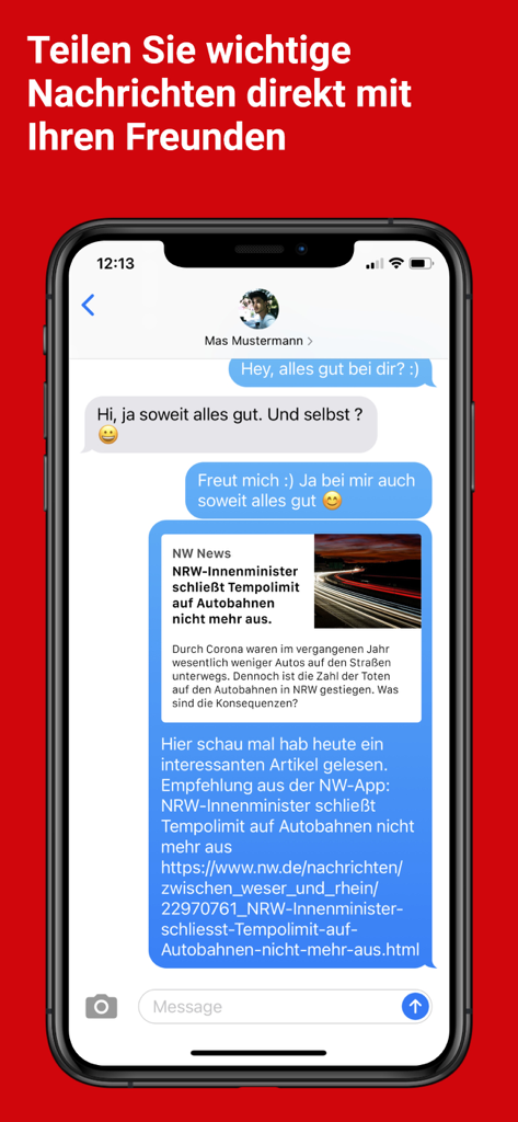 NW News - Écran d'iPhone affichant un article de NW News partagé dans un message de chat avec un ami