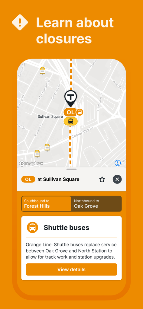 MBTA Go — Official - Interface de l'application MBTA Go montrant les fermetures de service de la ligne Orange et les informations de remplacement par des bus navettes à Sullivan Square sur une carte.