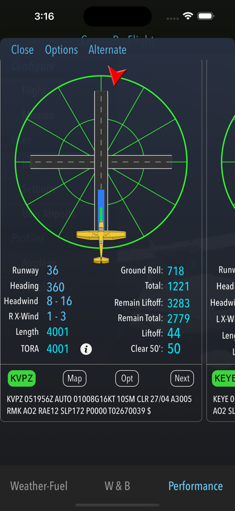 CessnaProFlight app interface showing takeoff performance calculations and wind direction on a runway for a Cessna 172