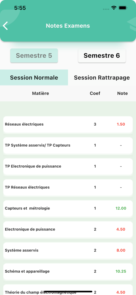 Uma tela de celular mostrando notas de exames universitários e coeficientes de matérias dentro do aplicativo WebEtu PROGRES