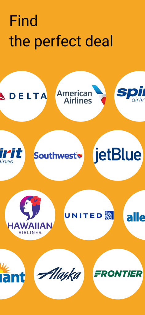 Cheap flights — Hot Deals - Find the perfect dealというテキストが入った黄色い背景に、Delta、United、Southwestなどの主要な米国の航空会社のロゴのコレクション