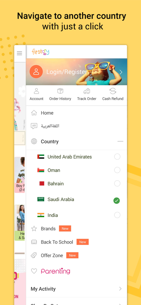 FirstCry Arabia: Baby & Kids - Menu latéral de l'application FirstCry Arabia montrant les options de sélection de pays pour le Moyen-Orient et l'Inde.