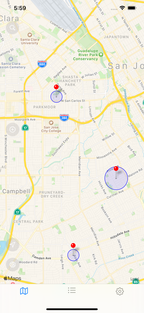 Map Alarm-alert on locations - Map Alarm app interface showing location pins with circular geofence alerts on a city map
