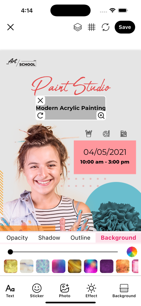 Flyer Maker & Poster Creator - チラシメーカーアプリのペイントスタジオのチラシを編集する画面。テキスト、ステッカー、背景用のツールを表示