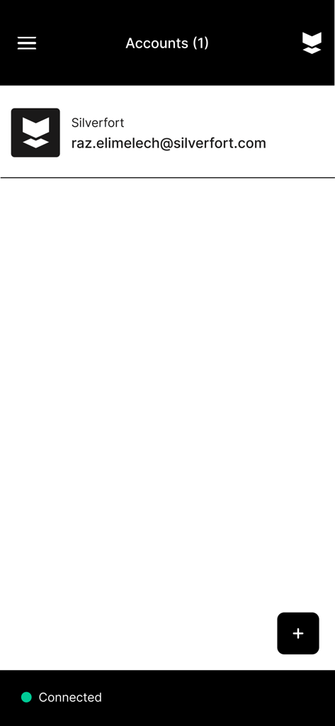 Silverfort - Silverfort app screen showing a registered user account and connection status