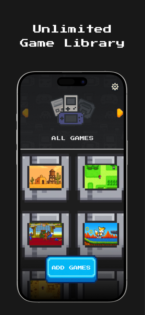 GamePod Emu app interface displaying a collection of classic games with pixel art covers on a mobile screen