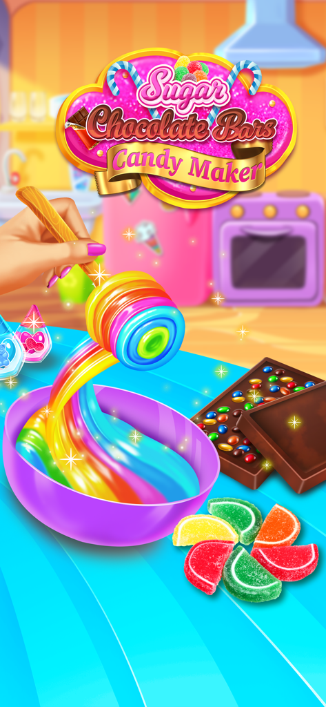 Sugar Chocolate Candy Maker - A hand swirls rainbow candy paste in a bowl next to chocolate bars and fruit gummies