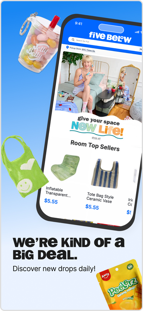 Five Below app screen showing trendy room decor deals and new daily drops