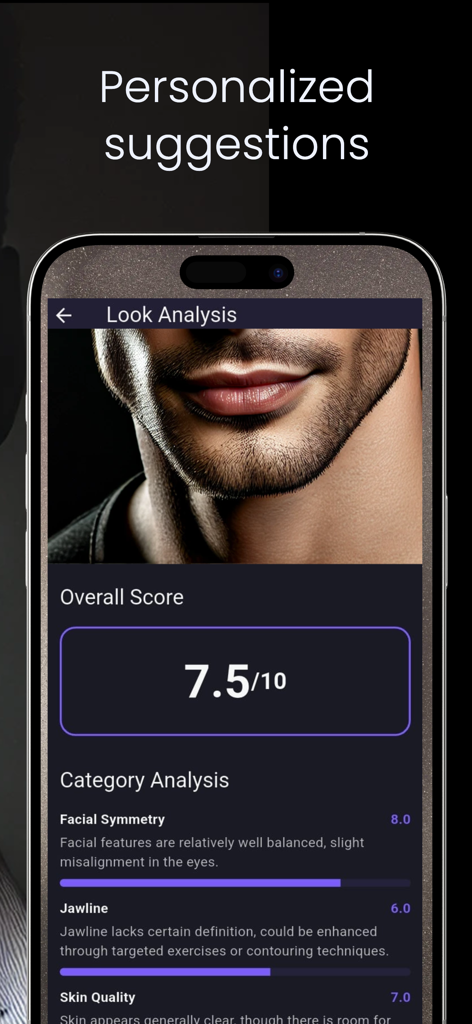 전체 점수 7.5점과 턱선 및 대칭에 대한 특정 점수가 표시된 얼굴 분석 보고서를 보여주는 룩스맥스 AI 앱 스크린샷