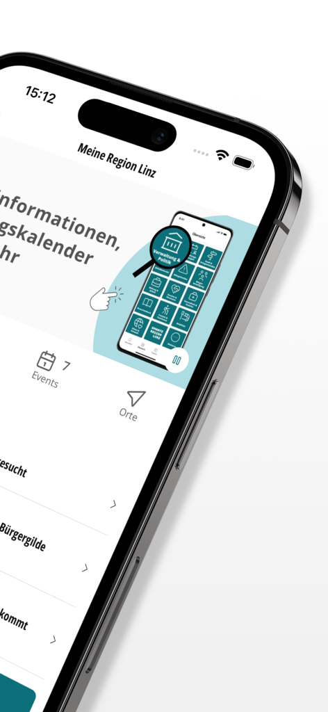 Captura de tela do iPhone mostrando a interface do aplicativo Meine Region Linz com notícias locais, eventos e serviços administrativos