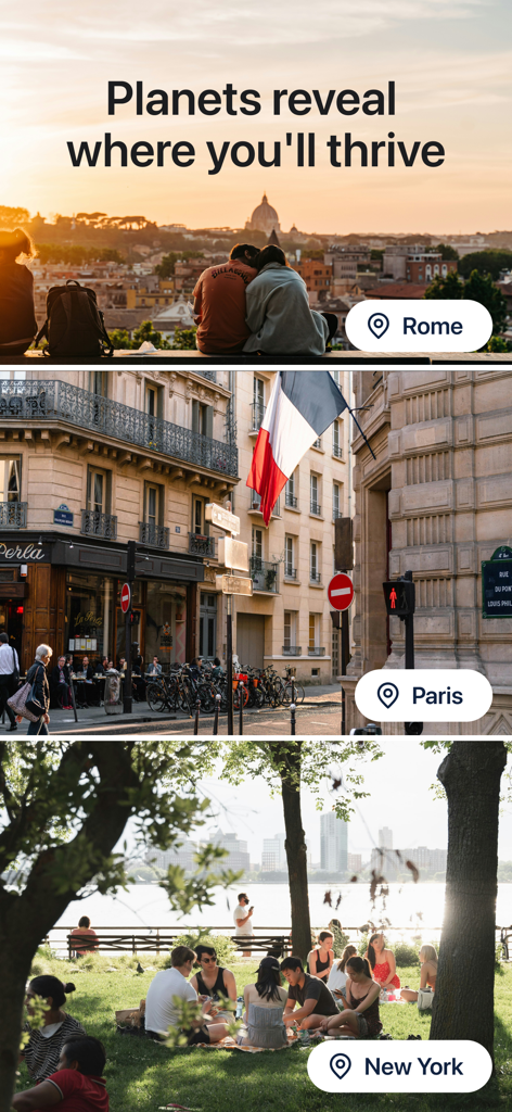 Linea: Astrocartography zodiac - Collage von Szenen aus Rom, Paris und New York mit dem Text 'Planeten enthüllen, wo du gedeihen wirst.'