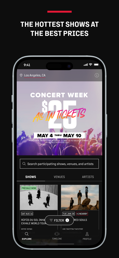 Live Nation – For Concert Fans - Pantalla de inicio de la aplicación Live Nation con entradas de conciertos con descuento y listados de eventos locales.