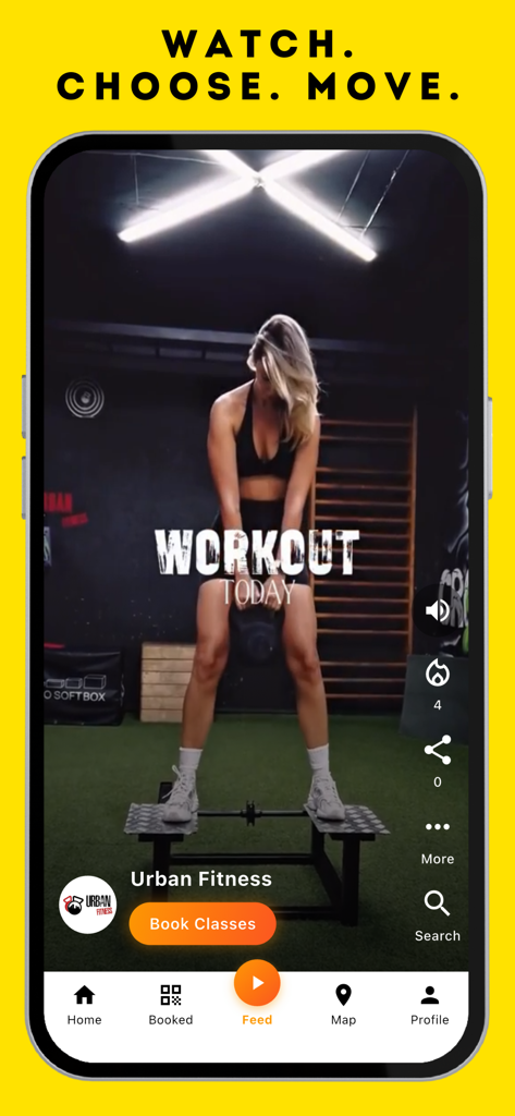 SmartClass App - SmartClass mobile app showing a workout video feed with a book classes button