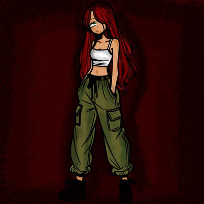 girl in baggy pants crop top and long hair