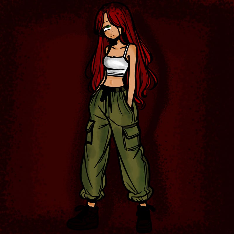 girl in baggy pants crop top and long hair