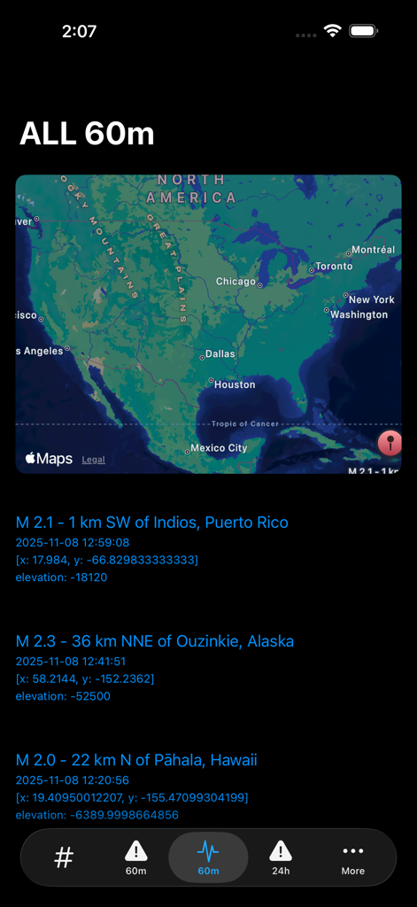 Earthquake by dnzh - dnzh 앱의 지난 60분 동안의 지진 활동을 보여주는 실시간 지진 지도 및 목록입니다.