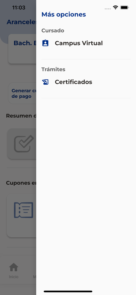 App UCC - Mobile screen of the App UCC showing a menu with options for Campus Virtual and Certificados under the section Mas opciones