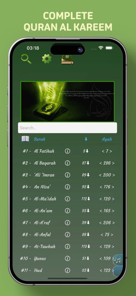 Offline Quran Audio Reader Pro - Main screen of Offline Quran Audio Reader Pro showing a list of Surahs with verse counts on an iPhone