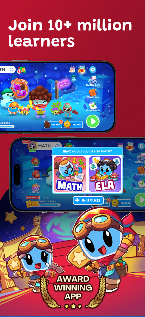 Boddle - Interfaz de la aplicación educativa Boddle que muestra opciones de materias de matemáticas y ELA con personajes de dibujos animados y una insignia de premio