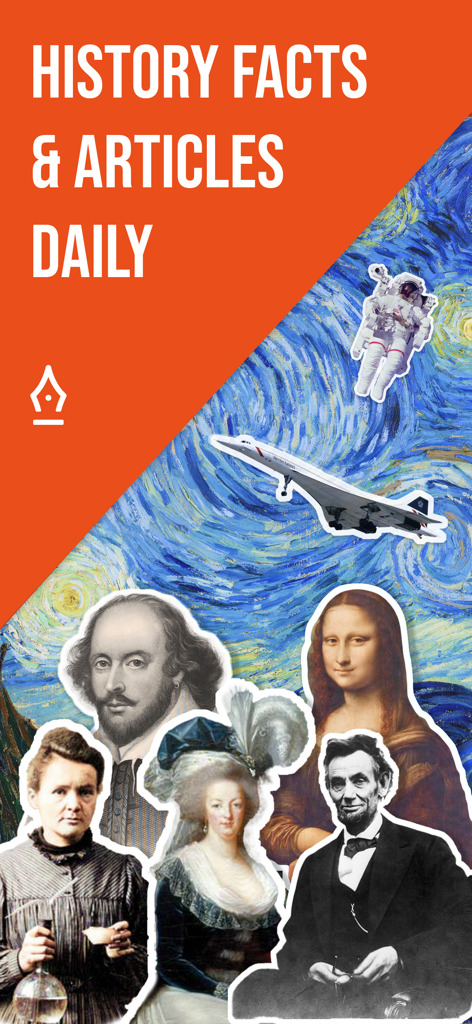 Factorium: Daily History Facts - 歴史上の人物とモナ・リザの画像に「History Facts and Articles Daily」というテキストが表示されているグラフィック。
