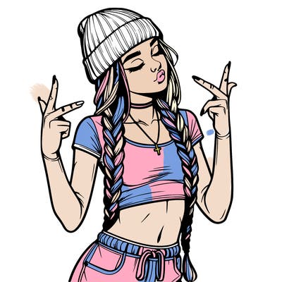 realistic teenage girl with braids and a beanie and crop top doing 🫶🏼