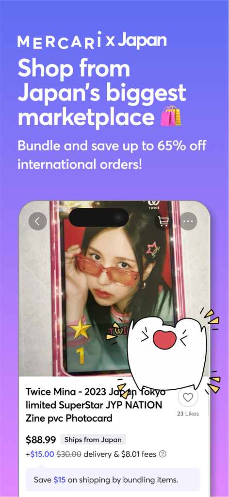 Mercari app screen showing a K-pop photocard for sale from the Japanese marketplace with bundling discounts