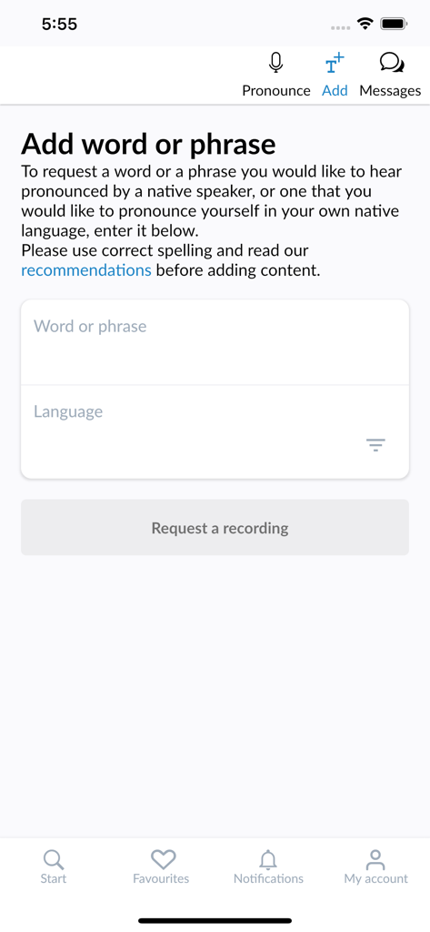 Interface for adding a word or phrase to request a native speaker recording in the Forvo app
