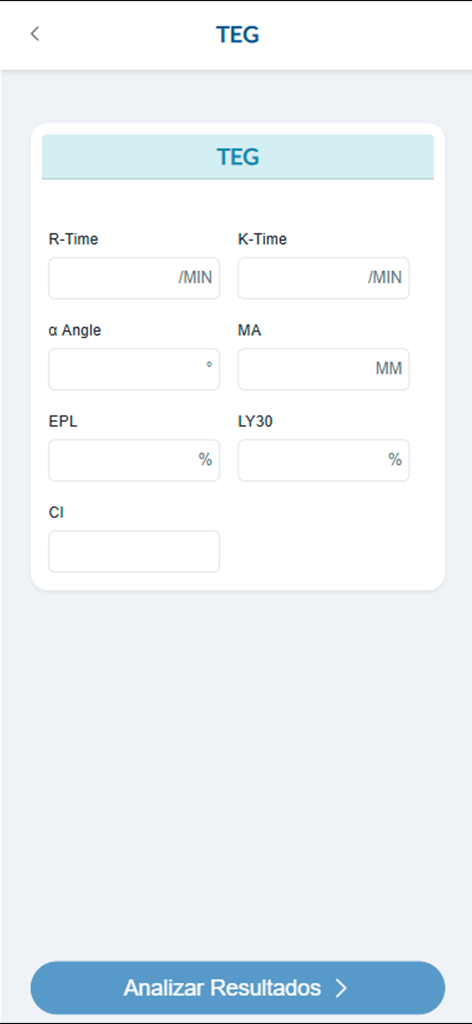 Interfaccia dell'app EasyVET per l'inserimento dei parametri TEG come R-Time e MA per la simulazione dell'emostasi
