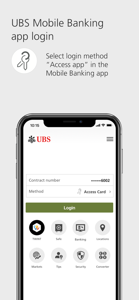 UBS Access – secure login - Écran de connexion UBS Mobile Banking affichant les instructions pour choisir l'application Access comme méthode de connexion