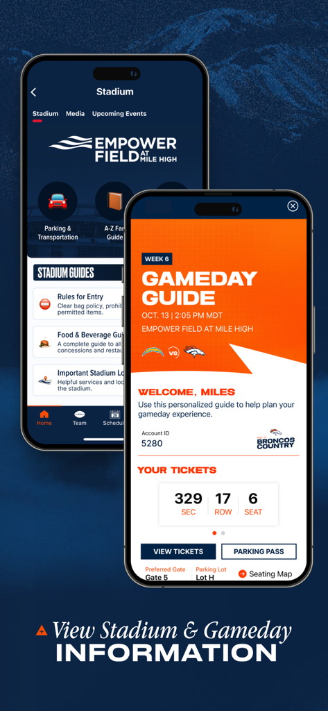 Denver Broncos - Screenshots of the Denver Broncos app showing stadium guides and gameday ticket details