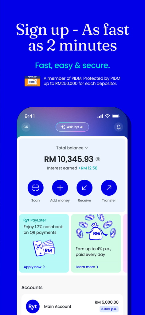 Ryt Bank Mobile-App-Oberfläche, die Kontostand, tägliche Zinssätze und Finanzdienstleistungen anzeigt