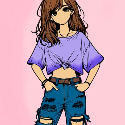 a girl with ripped jeans a t-shirt realistic