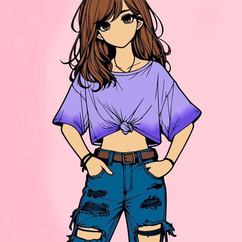 a girl with ripped jeans a t-shirt realistic