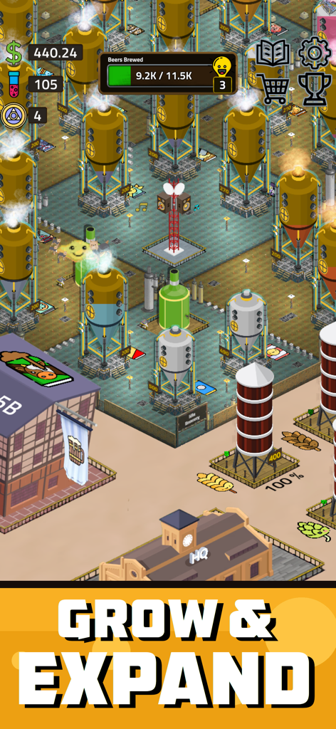 Idle Brewery: Beer Tycoon - Management view of brewing tanks and HQ in the Idle Brewery Beer Tycoon mobile game