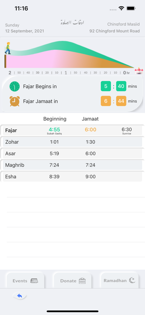 Interface of the Masjid Timetable app showing daily Salah and Jamaat prayer times for a local mosque