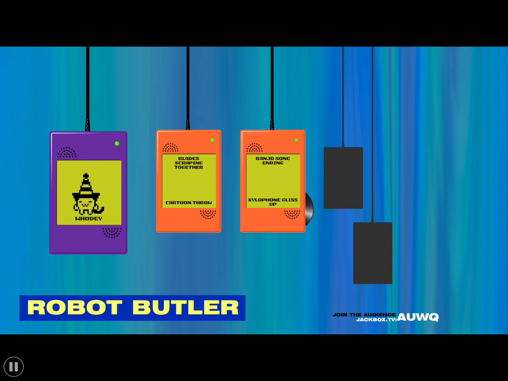 The Jackbox Party Pack 2 - Captura de pantalla de juego de Earwax, minijuego de The Jackbox Party Pack 2, con opciones de efectos de sonido para una indicación de Robot Mayordomo.