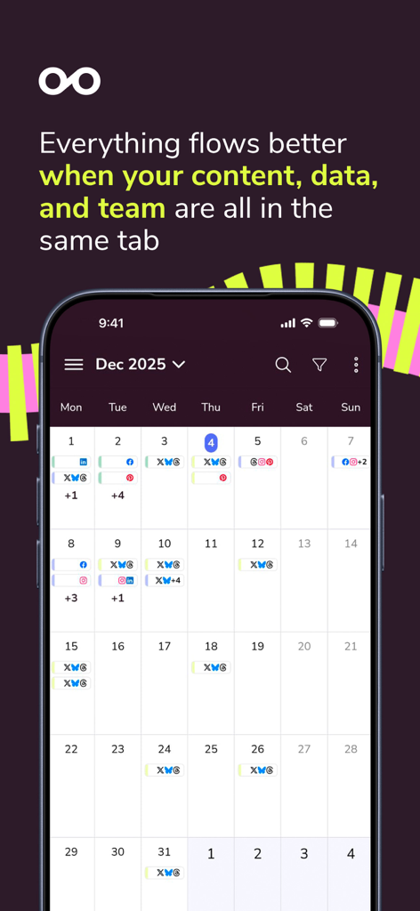 Metricool App zeigt einen visuellen Content-Kalender für die Social-Media-Planung.
