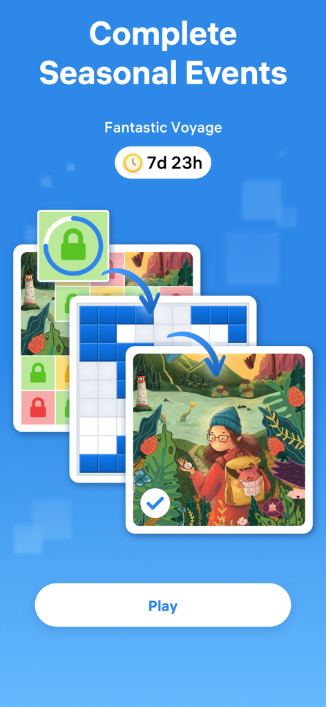 Pantalla de la aplicación Blockudoku mostrando desafíos de eventos de temporada y una recompensa artística de postal