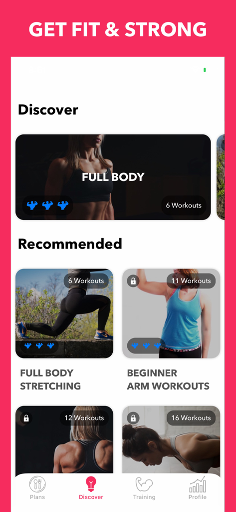 Easy Home Workout Women NO GYM - Mobile app screen showing various home workout categories for women including full body and arm routines