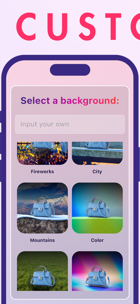 Ad Creative AI - Interface for choosing AI-generated backgrounds for product advertisements including city, mountain, and color options.