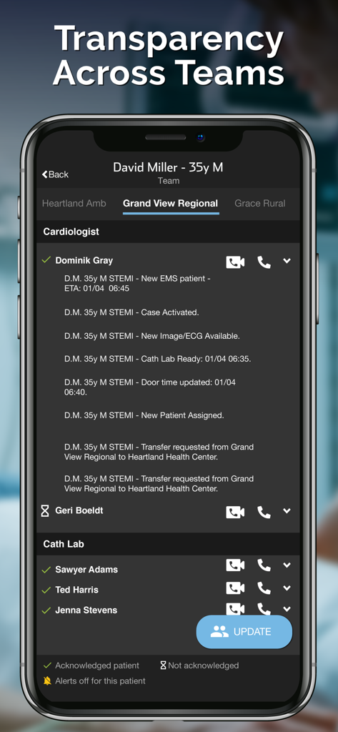Pulsara: Medical Communication - Pulsara app screen showing medical team communication and patient tracking logs.