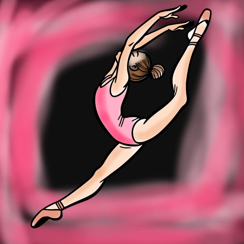 gymnast doing a leap in a leotard with a bent back leg